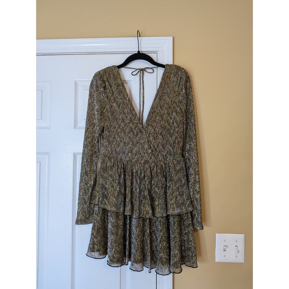 Showpo Metallic Gold Tiered Mini Dress Size US 4 Night Out Holiday Party Dress